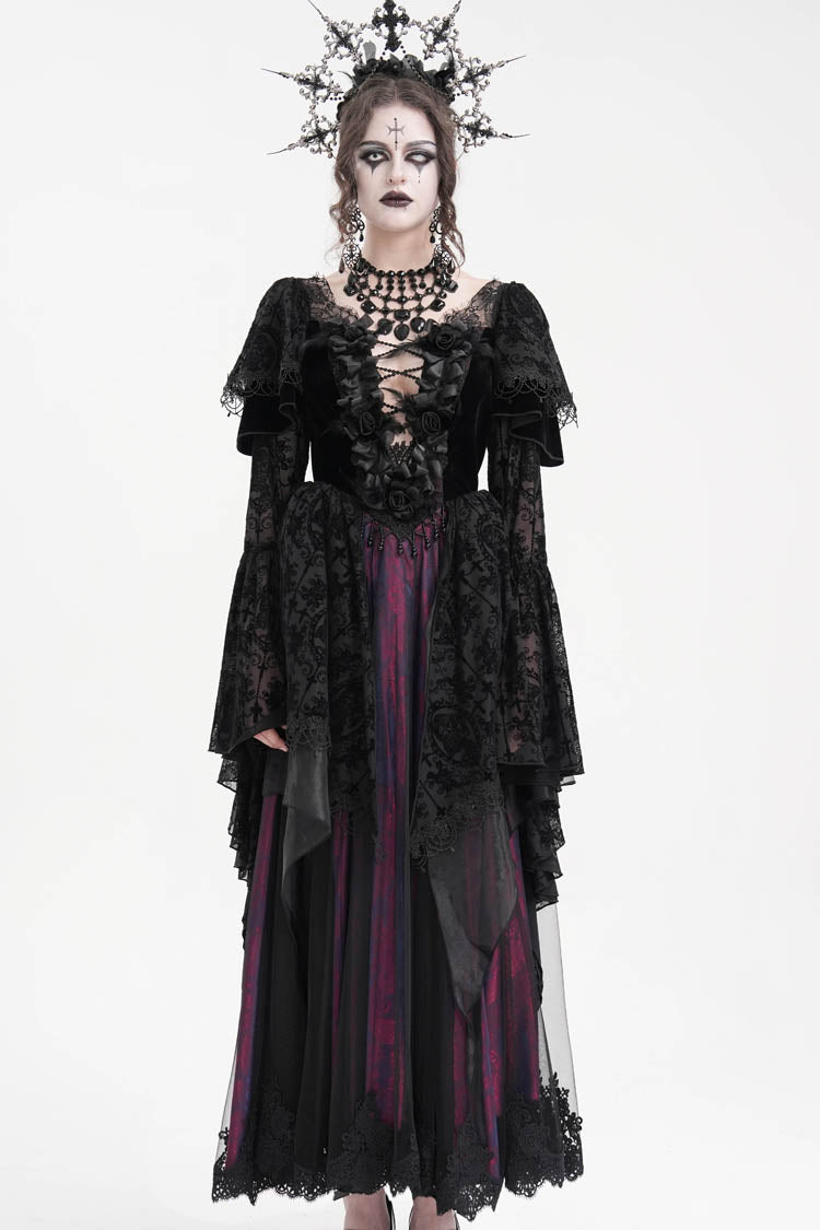 Black/Purple Crochet Long Sleeves Hanayome Lace Women's Gothic Dress