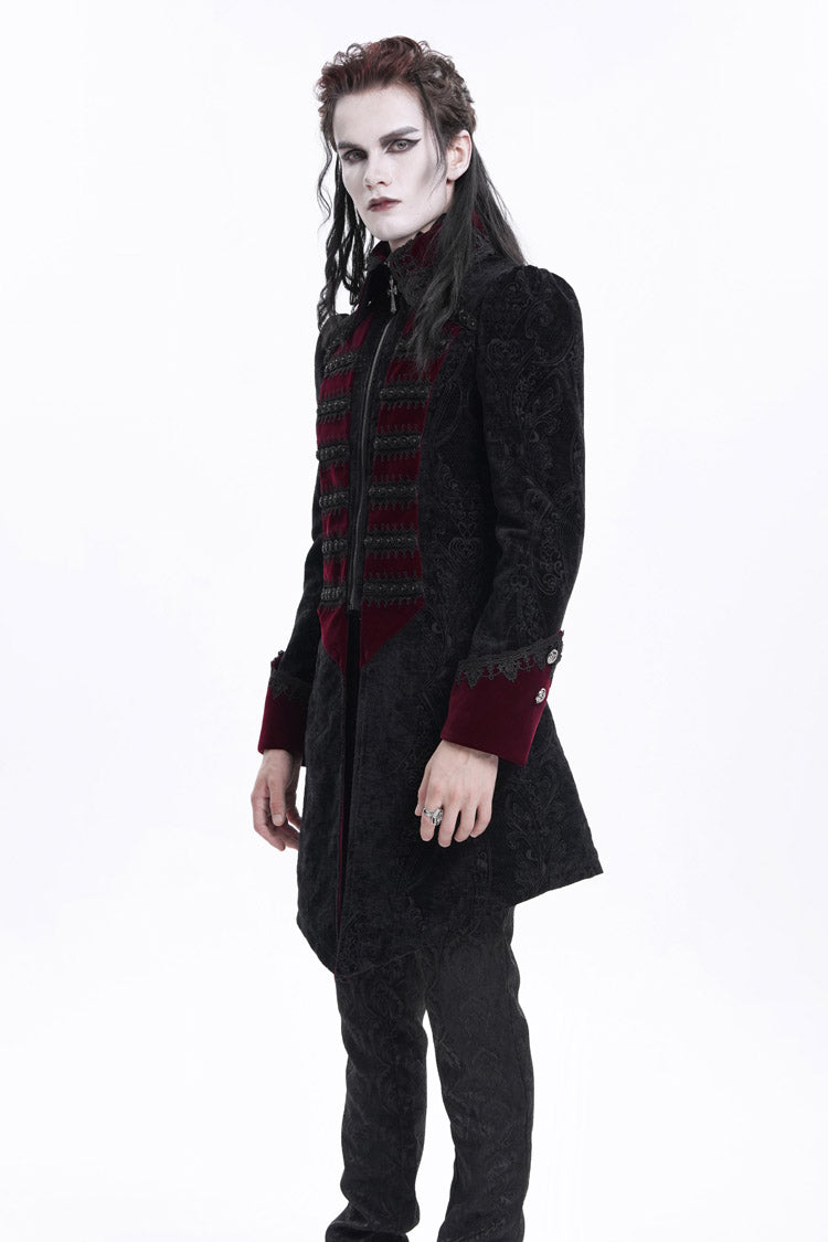 Black/Red Lapel Collar Long Sleeves Crochet  Men's Gothic Jacket