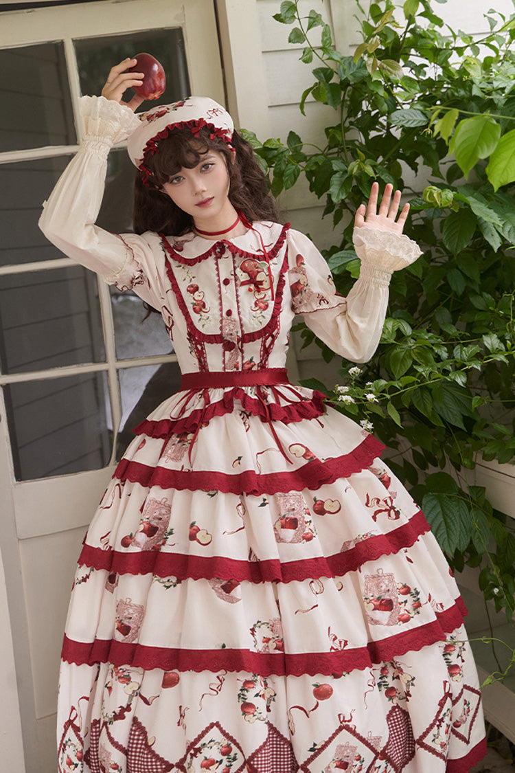 Red/Beige Triple-Layered [Apple Orchard] Print Ruffle Embroidery Sweet Lolita Long Skirt