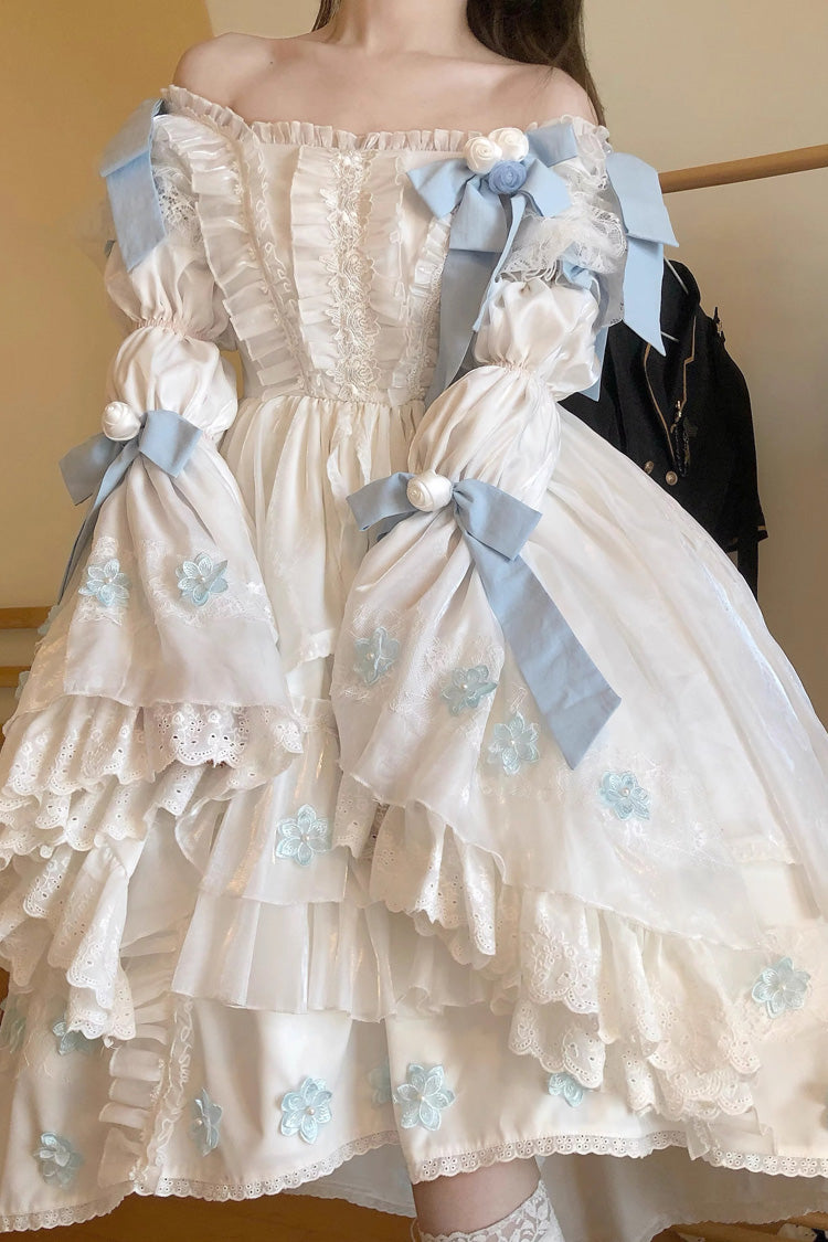 White Boat Neck Multi-layer Ruffle Hanayome Bowknot Sweet Princess Lolita Strapless Dress