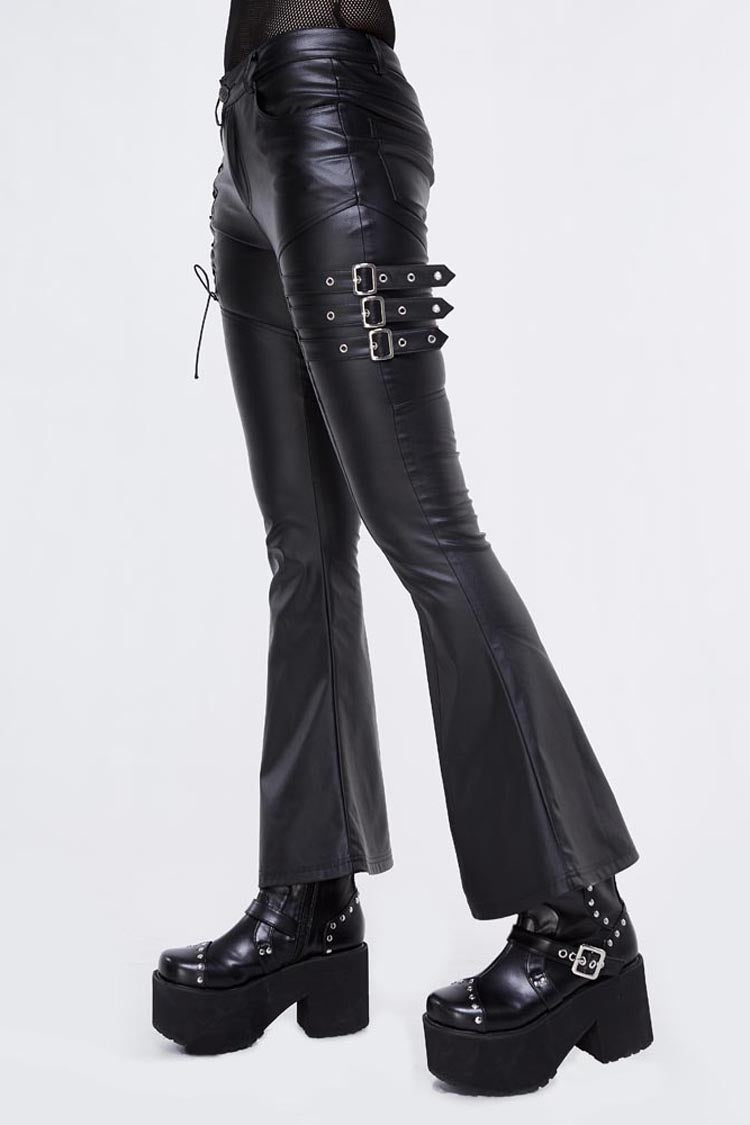 Black Hasp Leather Side Lace-Up Leather Tight Flared Women's Punk Pants