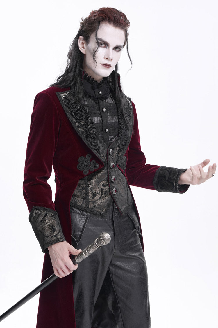 Wine Red Long Sleeves Button Floral Embroidery Men's Gothic Jacket