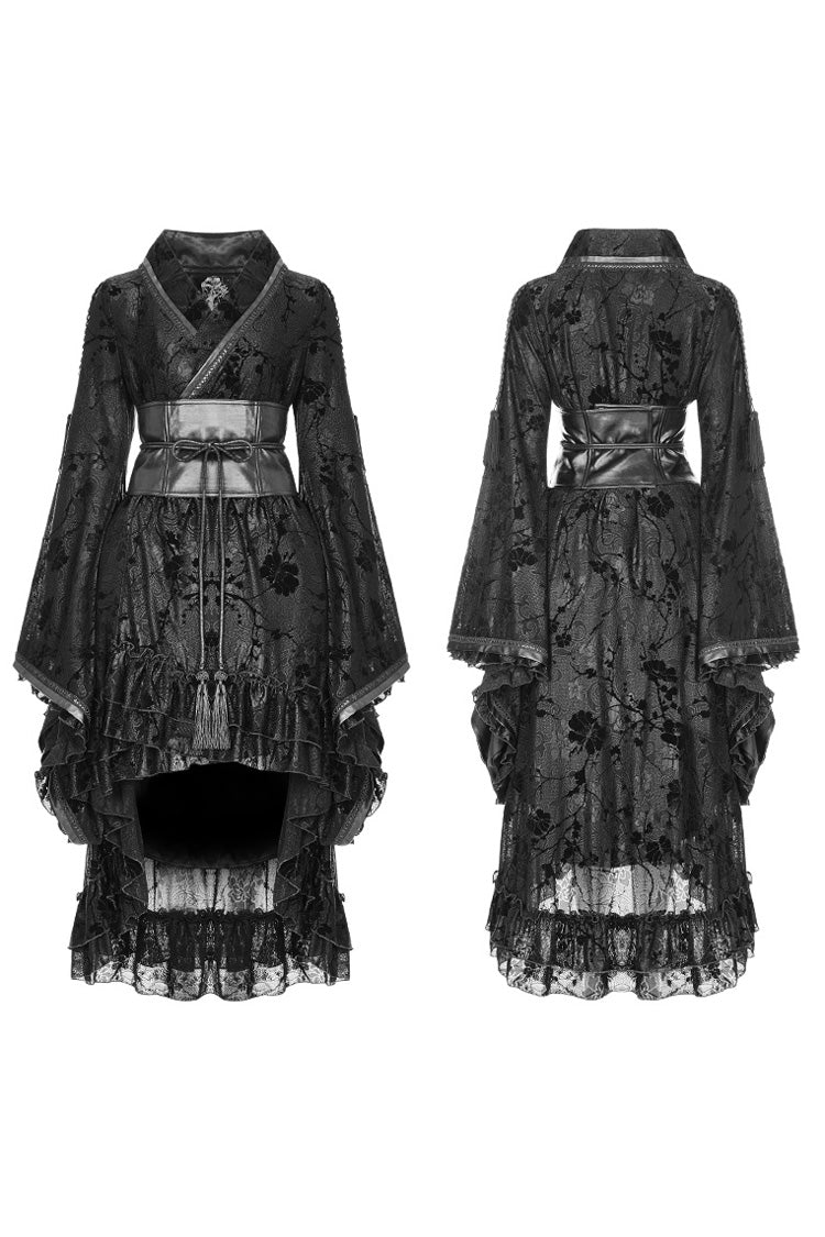 Black Long Sleeves Print Ruffle Women's Gothic Kimono Dress