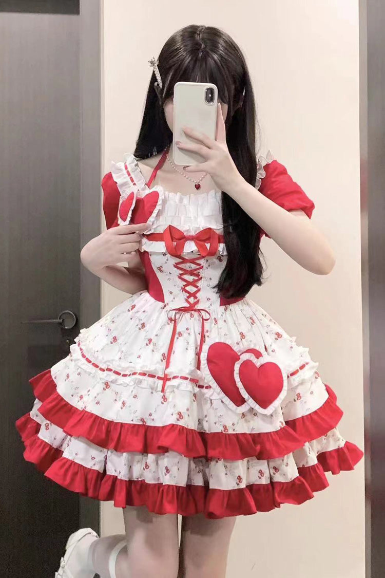 Red Double-Layered Floral Print Ruffle Bowknot Sweet Lolita Dress