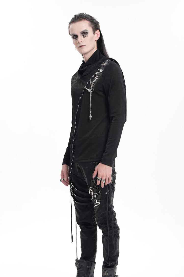 Schwarzes, langärmliges, asymmetrisches Gothic-Sweatshirt für Herren mit Kettenmuster und Drucknähten