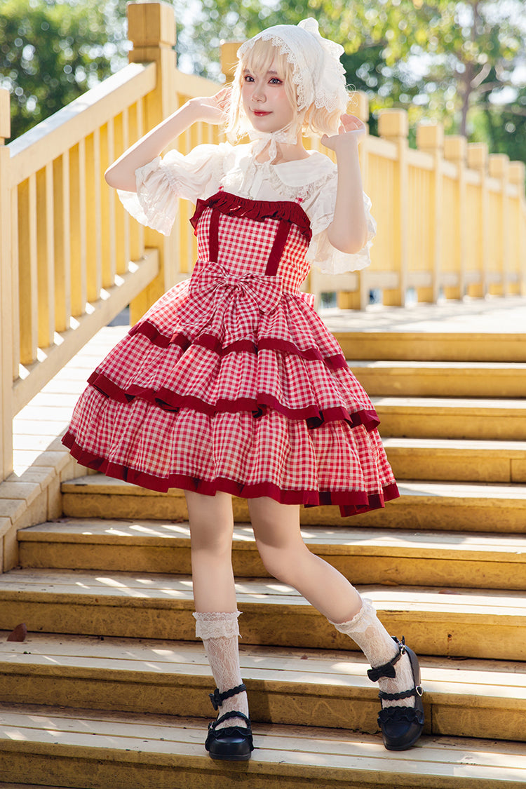 Rotes [Cloth Cat] Süßes Lolita-Kleid mit dreilagigem Karomuster, Rüschen und Schleife