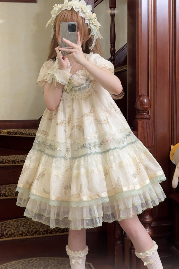 Multi-Color [Daisy Poetry] Print Ruffle Hollow Embroidery Lace Sweet Elegant Princess Lolita Dress