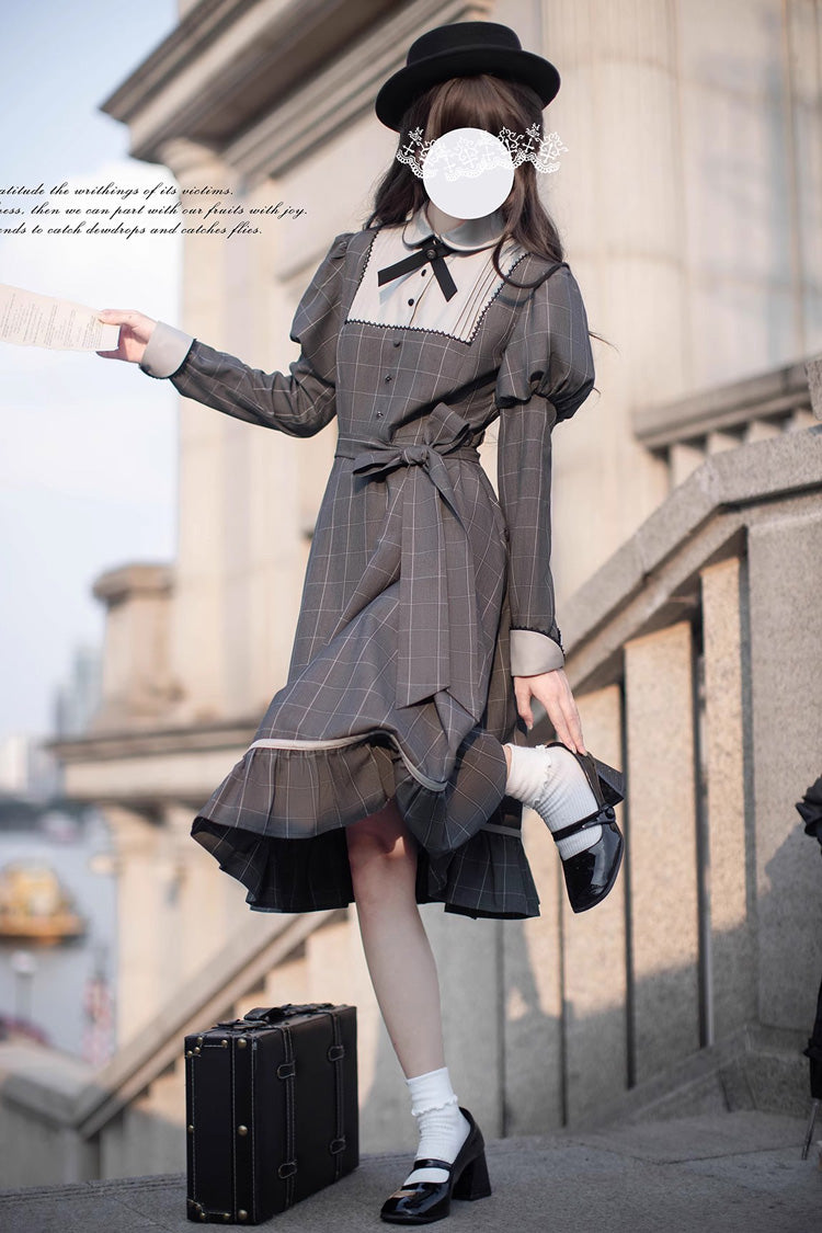 Grey Plaid Print Ruffle Bowknot Classic Vintage College Style Elegant Lolita Dress