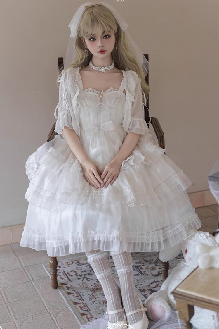 White Star Gauze Romance Multi-layer Ruffle Bowknot Sweet Elegant Princess Lolita Jsk Dress