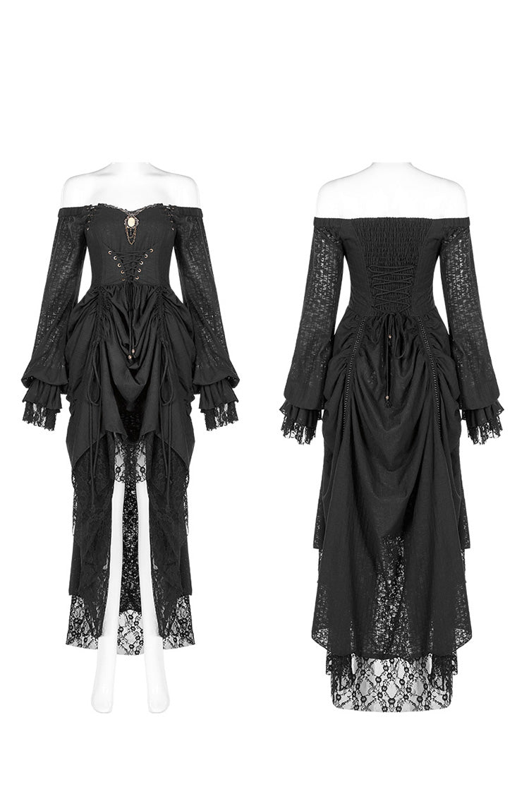 Black Off Shoulder Long Puff Sleeves Ruffle Mesh Women's Gothic Dress