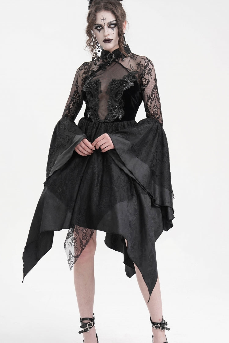 Black Long Sleeves Embroidery Lace Lace-Up Irregular Sheer Mesh Women's Gothic Dress