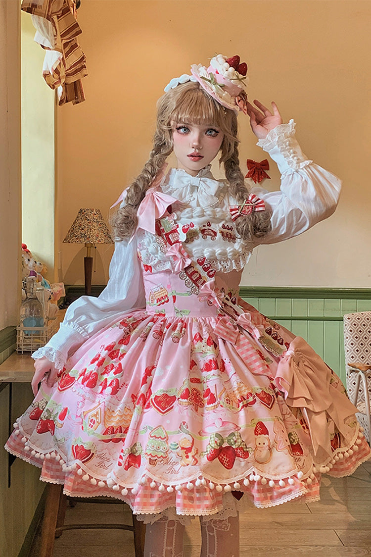 Mint Erdbeer Dessert Print Natürlich taillierte Rüschen Schleife Süßes Lolita JSK Kleid 4 Farben