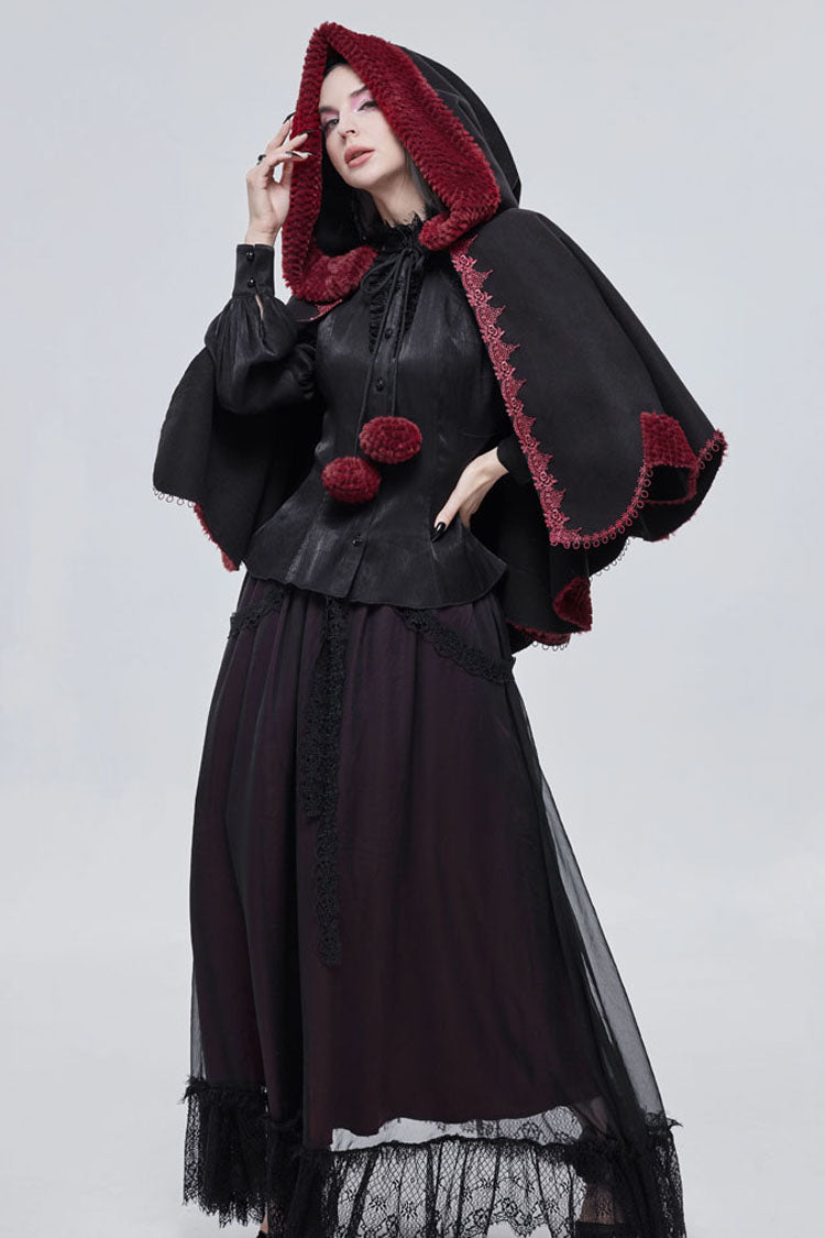 Black Gothic Petal-Shaped Double-Faced Contrast Women's Wool Hooded Shawl