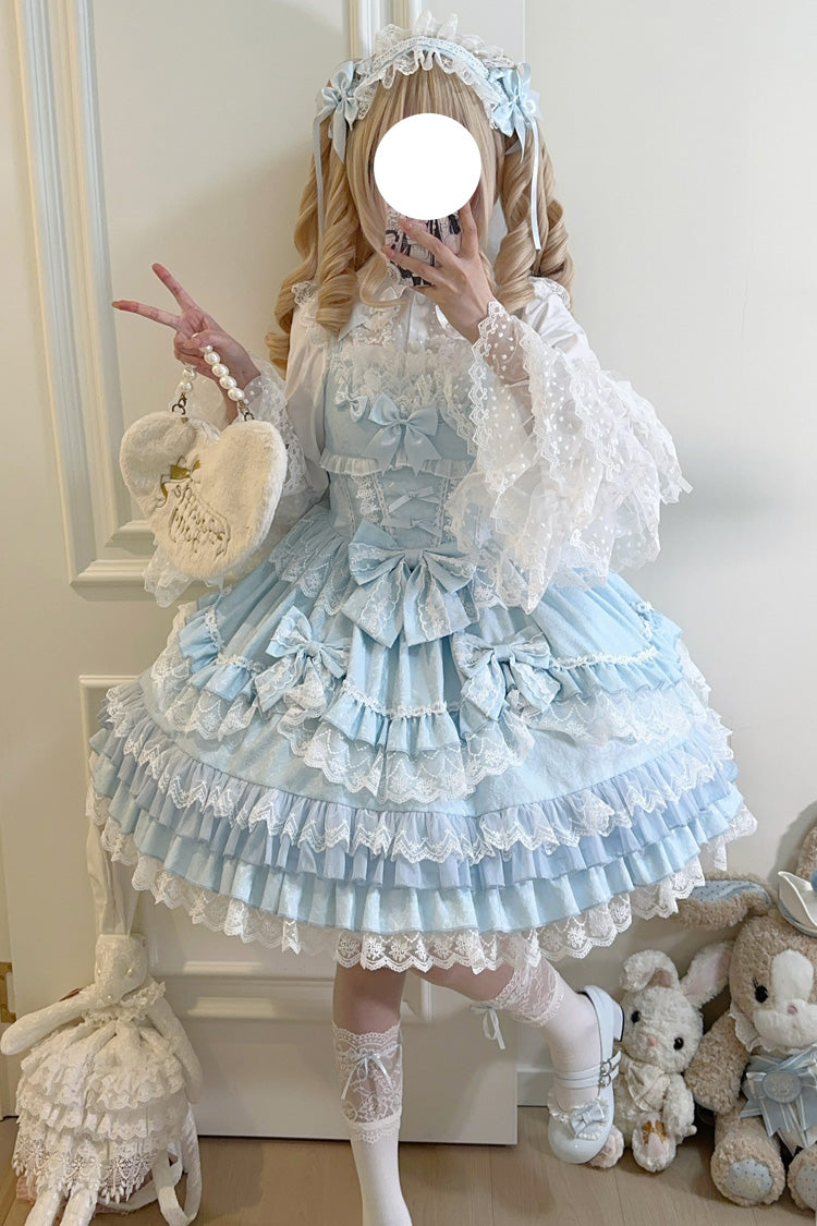 Blue Multi-Layered Ruffle Bowknot Stitching Lace Sweet Lolita Jsk Dress