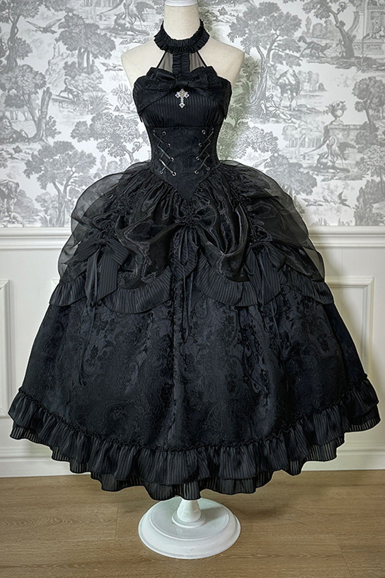 Solid Color [The Mystery of The Doll] Halterneck Ruffle Bowknot Drawstring Gothic Lolita Dress 4 Colors