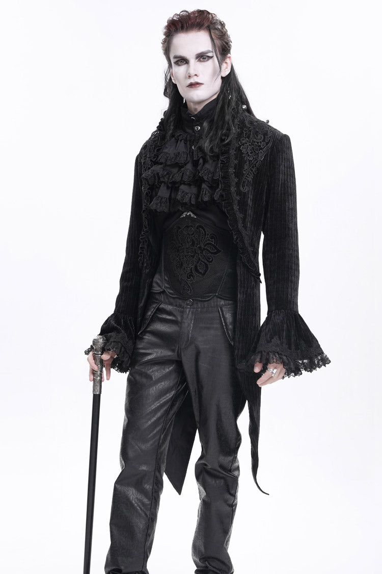 Black Stand Collar Swallow-tailed Long Sleeves Lace Men's Gothic Jacket