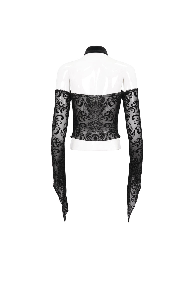 Black Pentagram Flocking Rope Rose Button Off-Shoulder Long Sleeve Women's Gothic T-Shirt