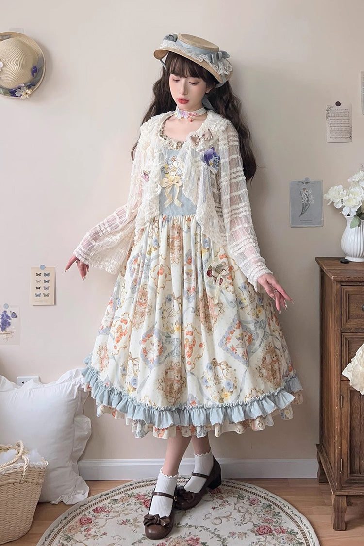 Cat Rose Tea Sleeveless Print Ruffle Bowknot Sweet Lolita Jumper Dress 3 Colors