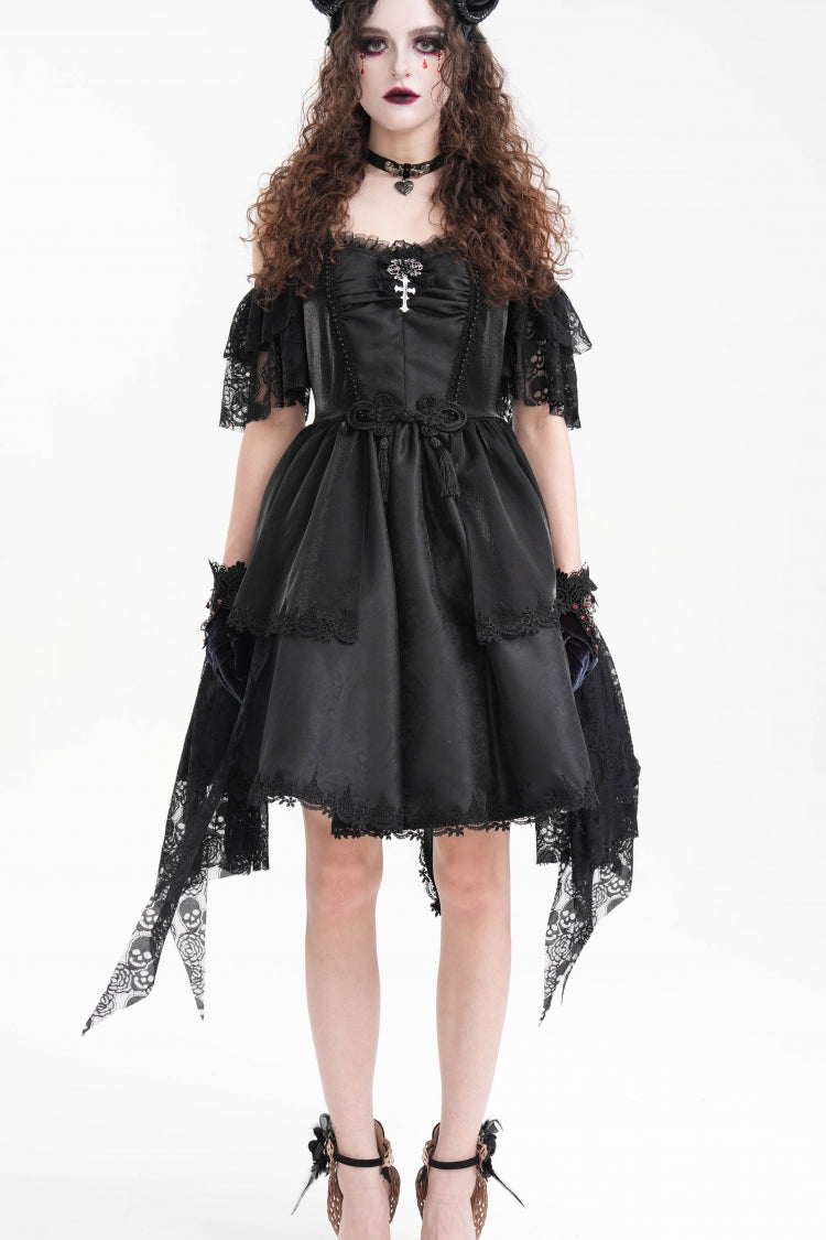 Black Halterneck Lace Lace-Up Irregular Hem Women's Gothic Dress