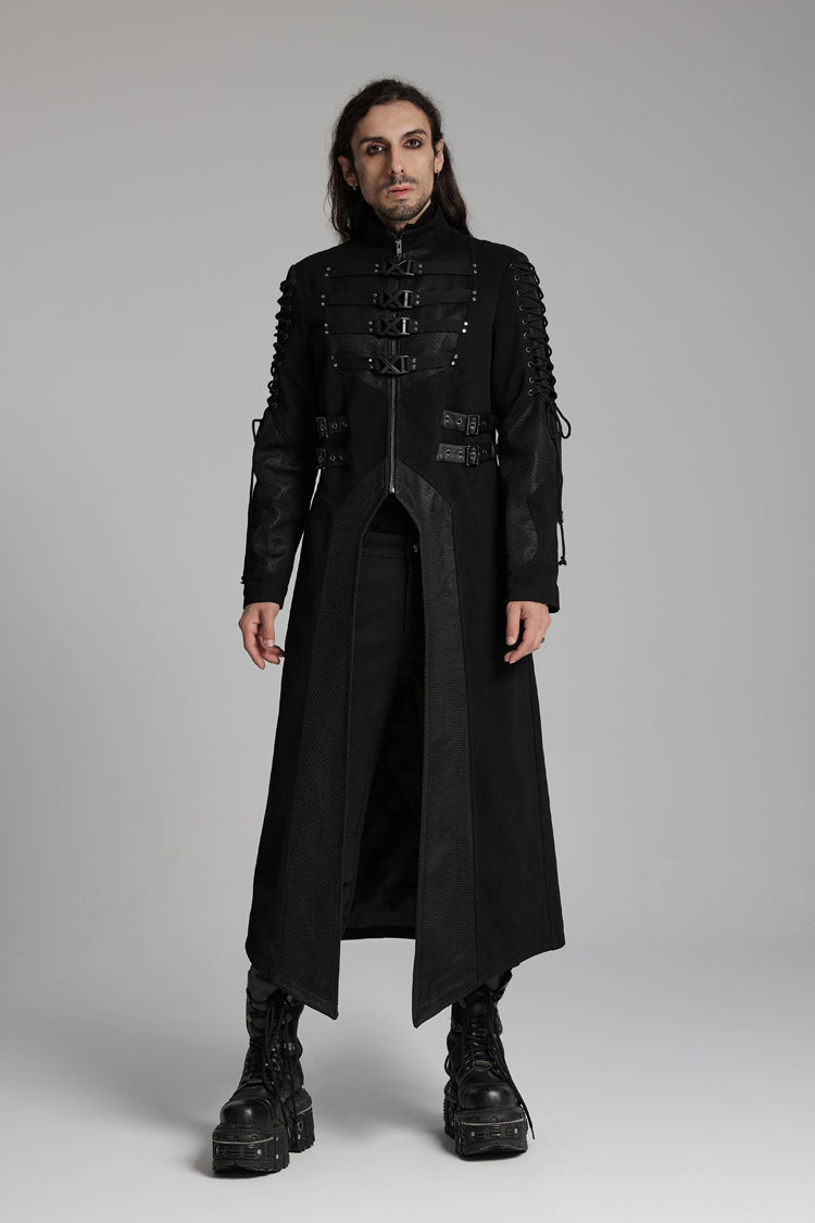 Black Buckle-up Rivets Long Sleeves Lace-Up Men's Punk Long Jacket