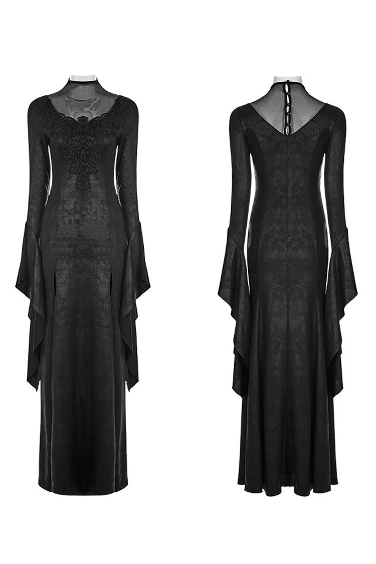 Black Long Trumpet Sleeves Embroidery Women's Gothic Gorgeous Open Forklift High Cross Dress