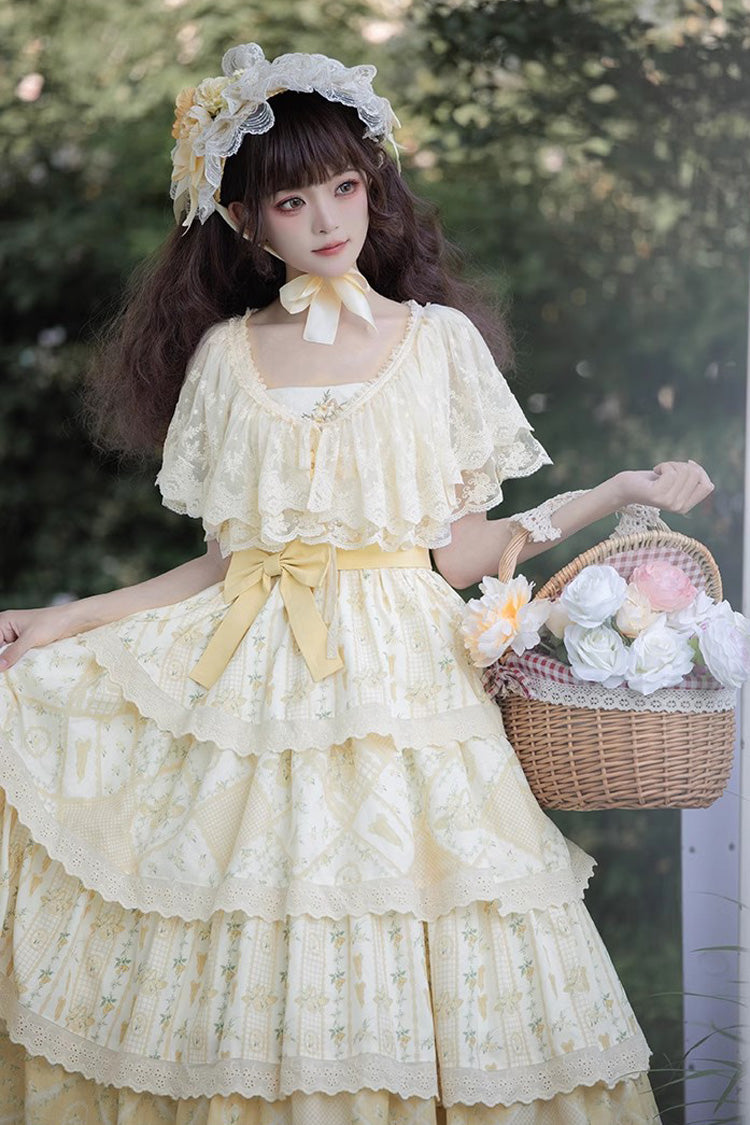 Yellow Multi-layer Sunflower Print Ruffle Embroidery Sweet Chinese Style Lolita Jsk Dress