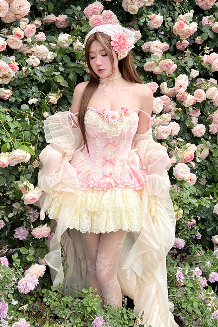 Pink [Pure Dream Flower Love] Multi-Layered Ruffle Embroidery Bowknot Lace Sweet Lolita Jsk Dress