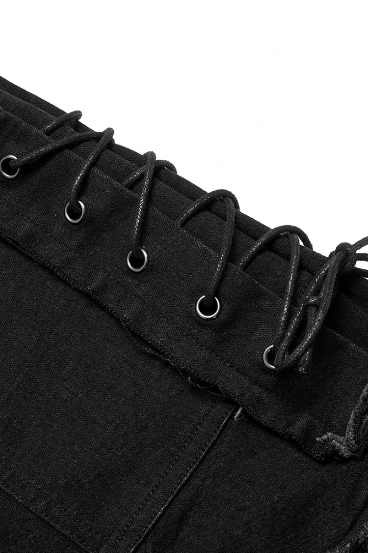 Black Hollow Lace-Up Ripped Men's Punk Pants