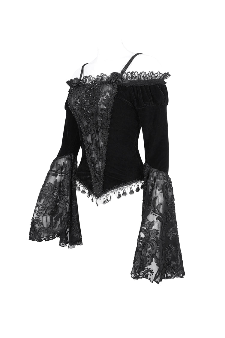 Black Off Shoulder Trumpet Sleeves Embroidery Lace Women's Gothic Blouse