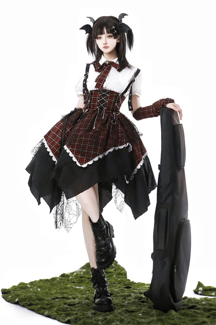 Schwarz/Rot [Soul Mantra] Süßes Lolita-Trägerkleid mit Karomuster und unregelmäßigem Saum