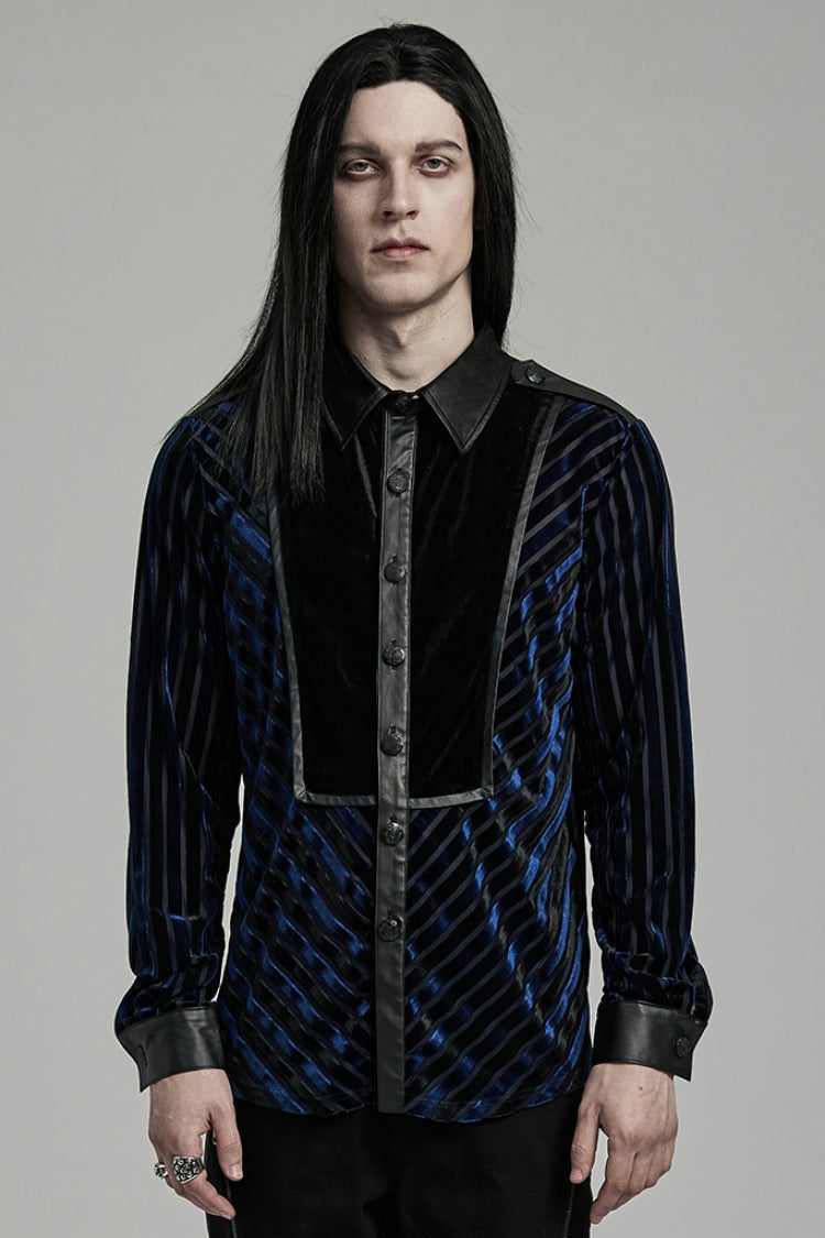 Black/Blue Lapel Collar Stitching Slim Men's Gothic Blouse