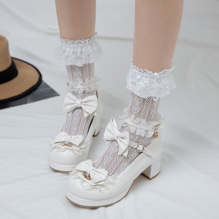 Bowknot White Frills Sweet Lolita High Heel Shoes