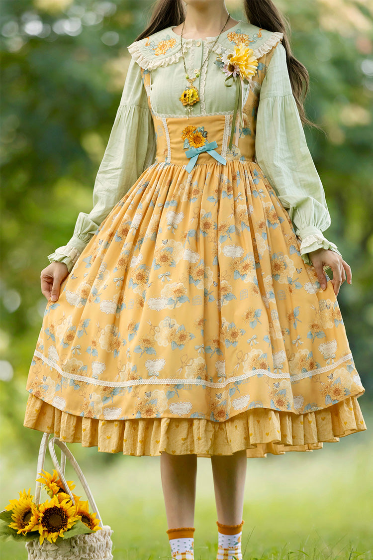 Yellow [Gardening Sunflower] Sleeveless Print Ruffle Bowknot Sweet Elegant Uplift Lolita Jsk Dress