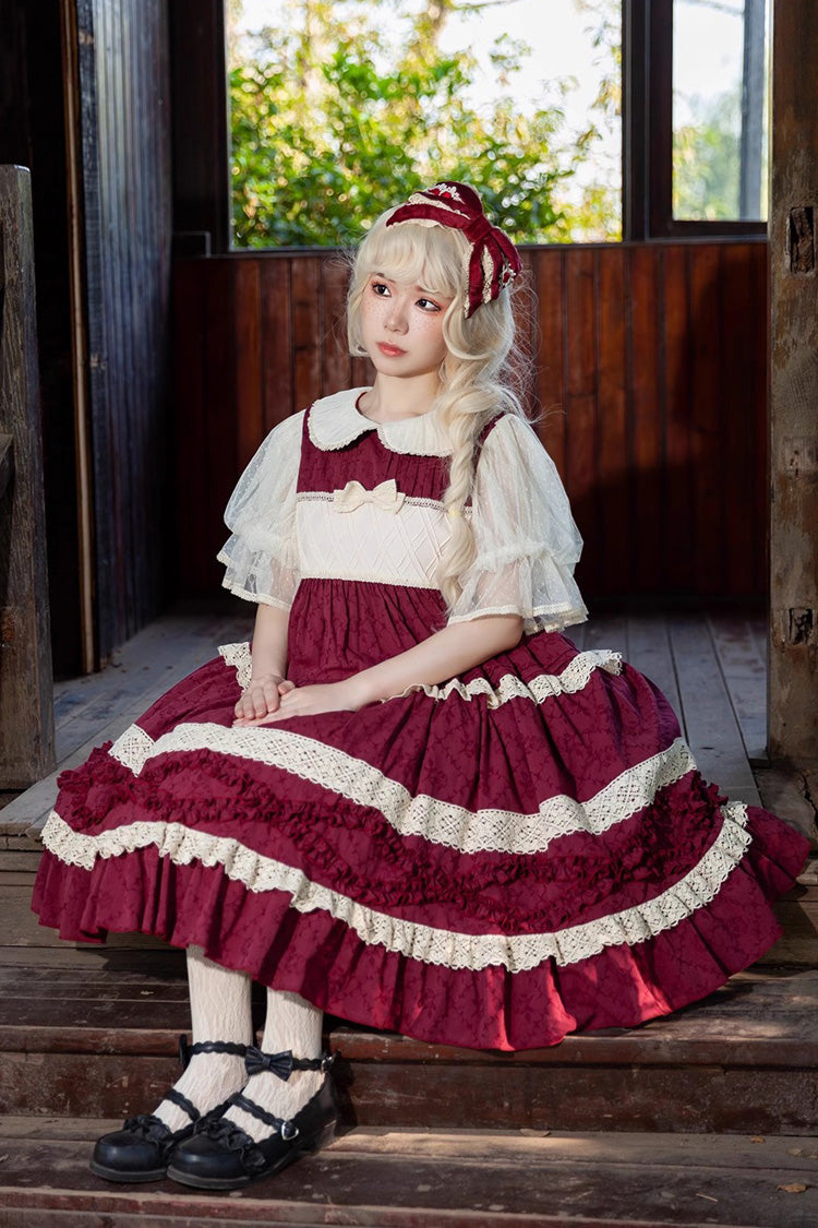 Kindergarten Class Theme Short Sleeves Jacquard Ruffle Bowknot Sweet Lolita Dress 3 Colors