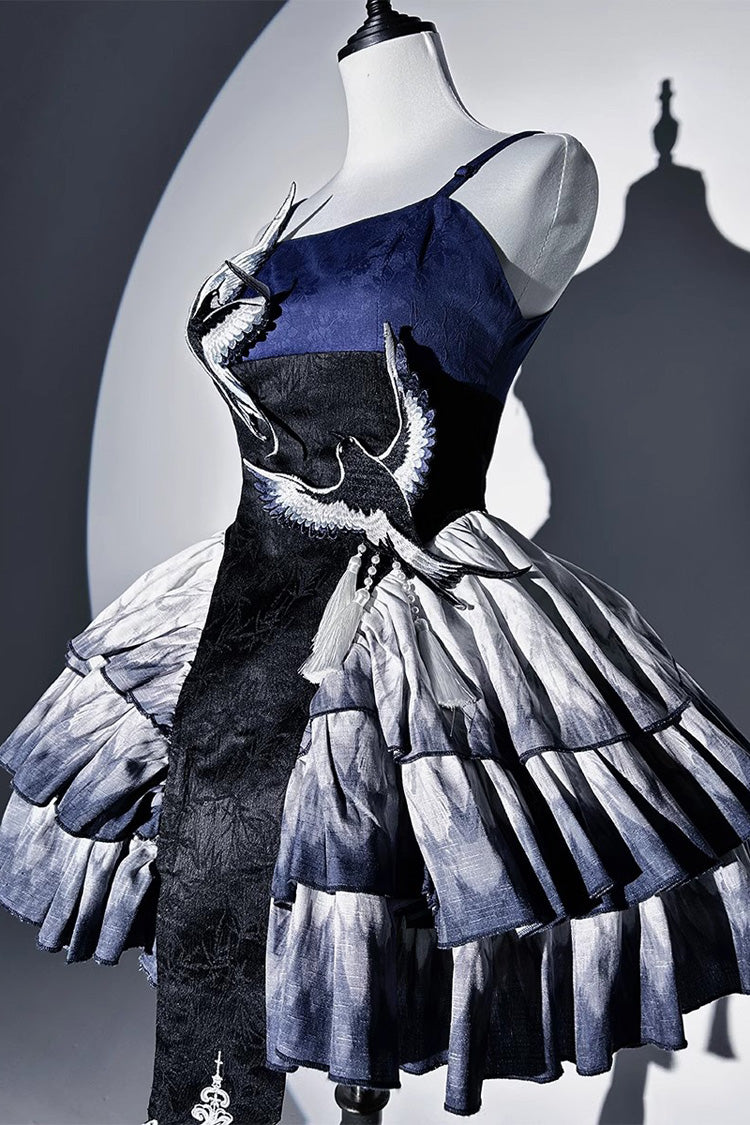 Dark Blue [Feathered Finch] Multi-Layered Print Ruffle Classic Chinese Style Lolita Jsk Dress Set