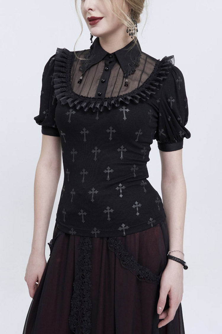 Black Chest Paneled Chiffon Lace Collar Lace Strap Pendant Cross Print Women's Punk Shirt