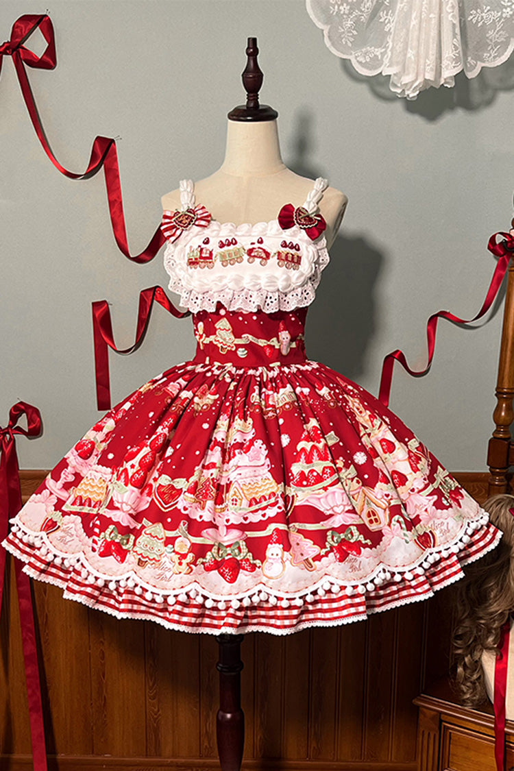 Mint Erdbeer Dessert Print Natürlich taillierte Rüschen Schleife Süßes Lolita JSK Kleid 4 Farben