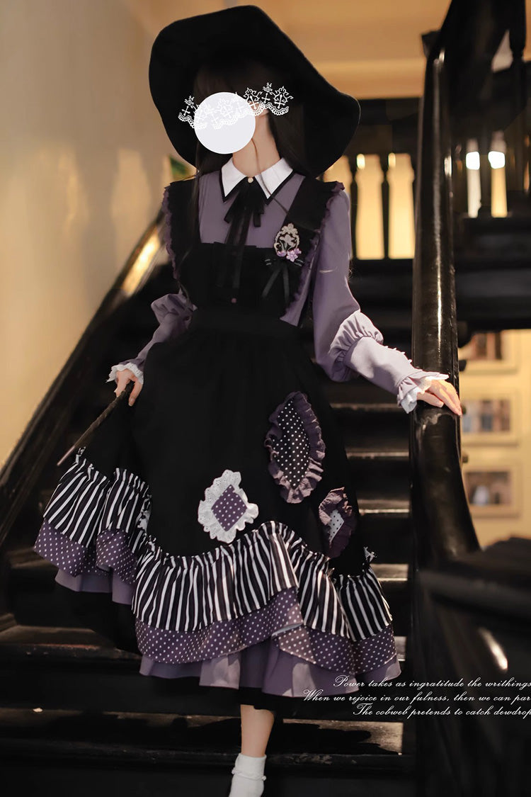 Schwarzes [Witch Academy] Doppellagiges, süßes Lolita-Pulloverkleid mit Streifenmuster, Rüschen und Schleife