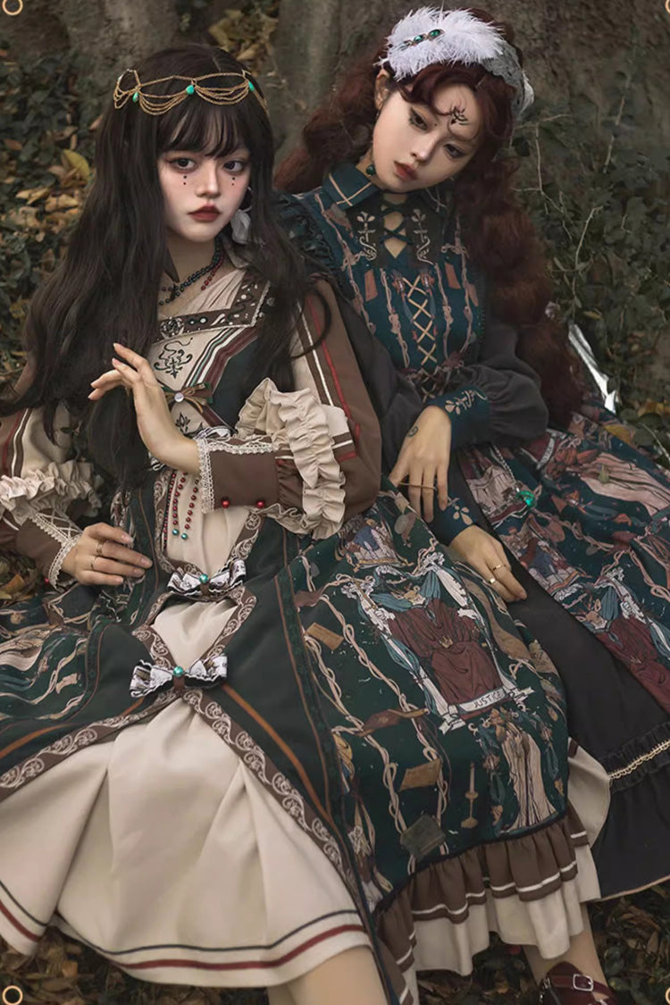 Dark Green [Tarot] Print Long Puff Sleeves Ruffle Bowknot Ripped Sweet Elegant Lolita Dress