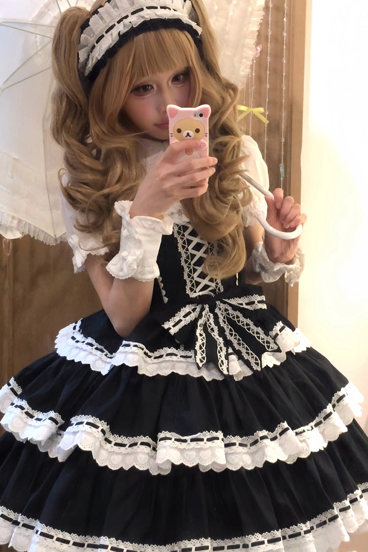 Black [Maiden Heart] Triple-Layered Ruffle Bowknot Lace Sweet Lolita Jsk Dress