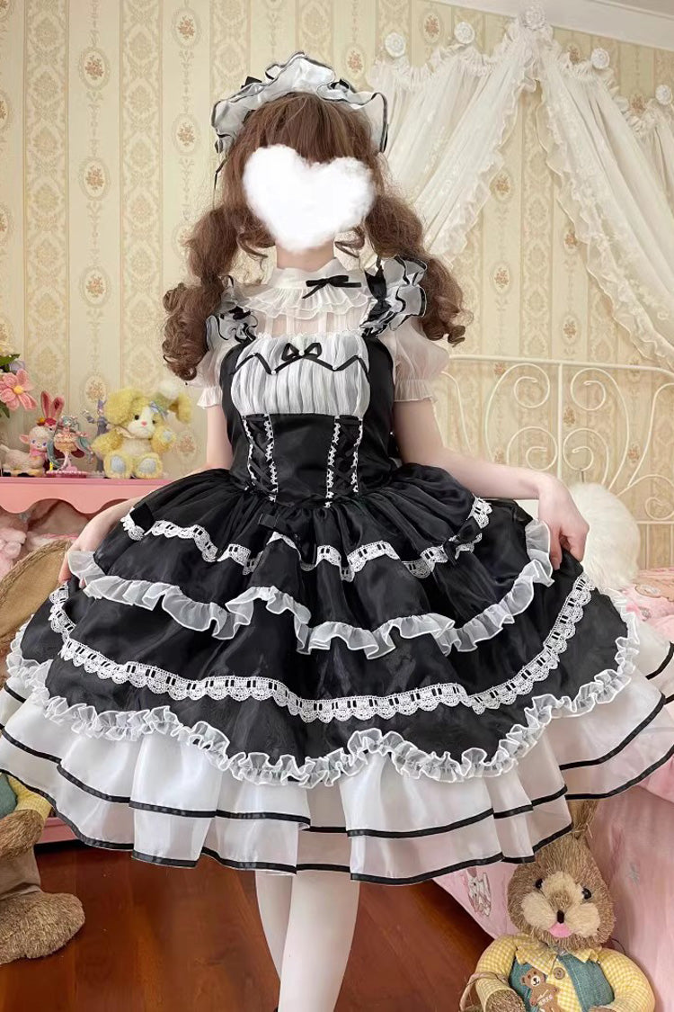 Schwarzes mehrlagiges Rüschen-Schleifen-Schnürkleid im Ballettstil mit süßer Prinzessinnen-Lolita-Stufen