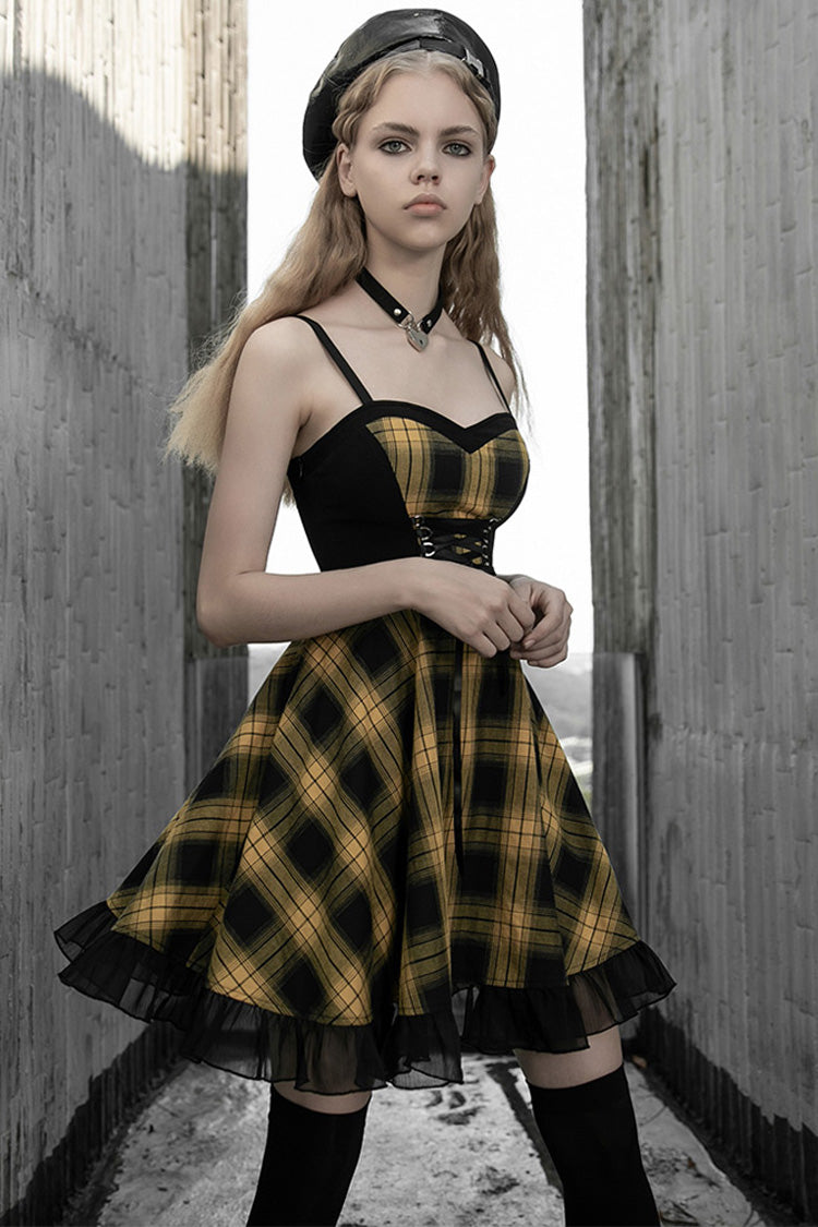 Lattice Plaid Stitching Binding Women's Steam Punk Strap Dress