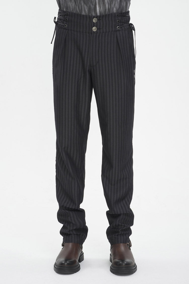 Black High Waisted Lace-Up Striped Men's Gothic Pants