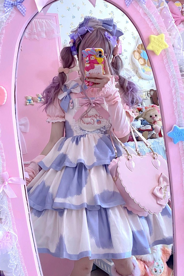 Blue Sleeveless Triple-Layered Cow Print Ruffle Bowknot Sweet Lolita Jsk Dress