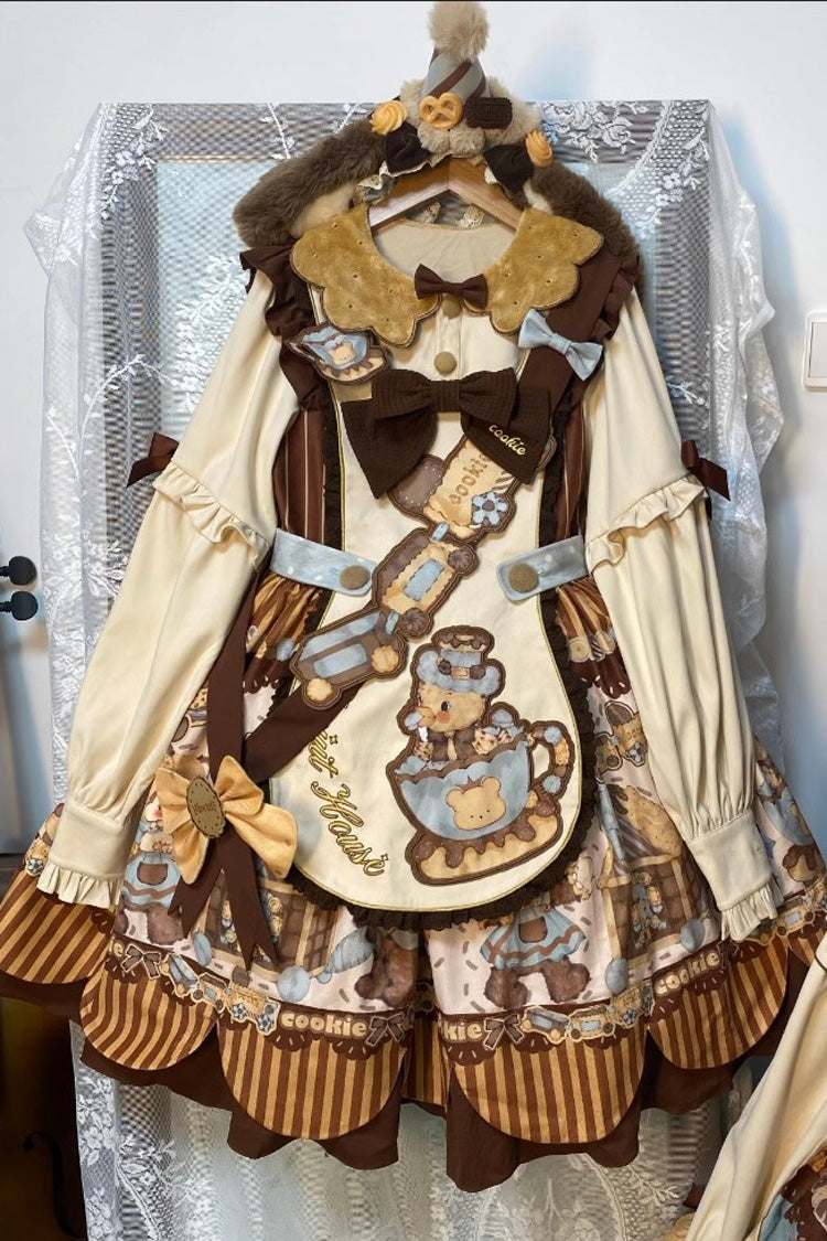 [Bear Cookies] Print Long Sleeves Ruffle Bowknot Sweet Lolita OP Dress 2 Colors