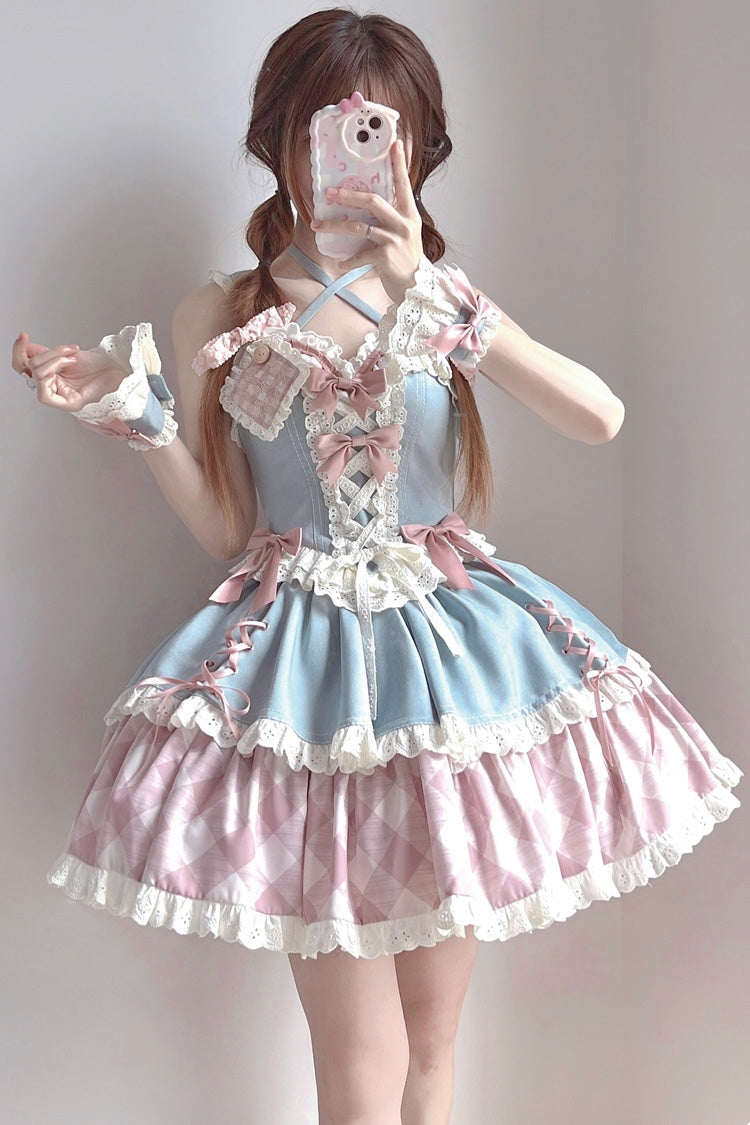 Blue/Pink [Sweetheart Cowboy] Plaid Print Ruffle Bowknot Sweet Lolita Skirt Set