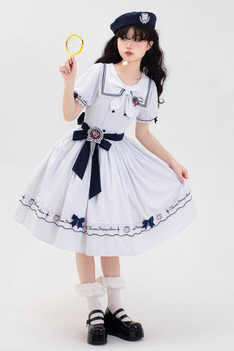 White Navy Stripe Print Short Sleeves Ruffle Embroidery Sweet Lolita Dress