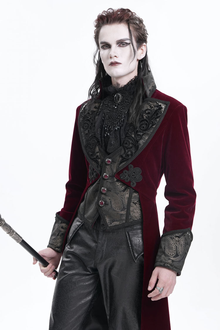 Wine Red Long Sleeves Button Floral Embroidery Men's Gothic Jacket