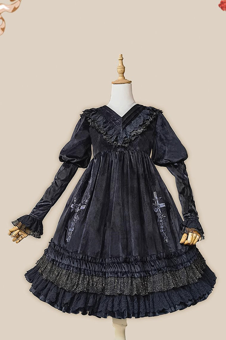 Holy Fruit Manor Gothic Lolita Kleid mit Stickerei und langen Puffärmeln und Rüschen, 2 Farben