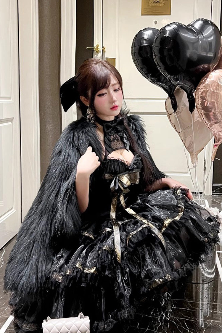 Black [First Kiss] Halterneck Triple-Layered Ruffle Lace Hot Stamping Gothic Princess Lolita Dress